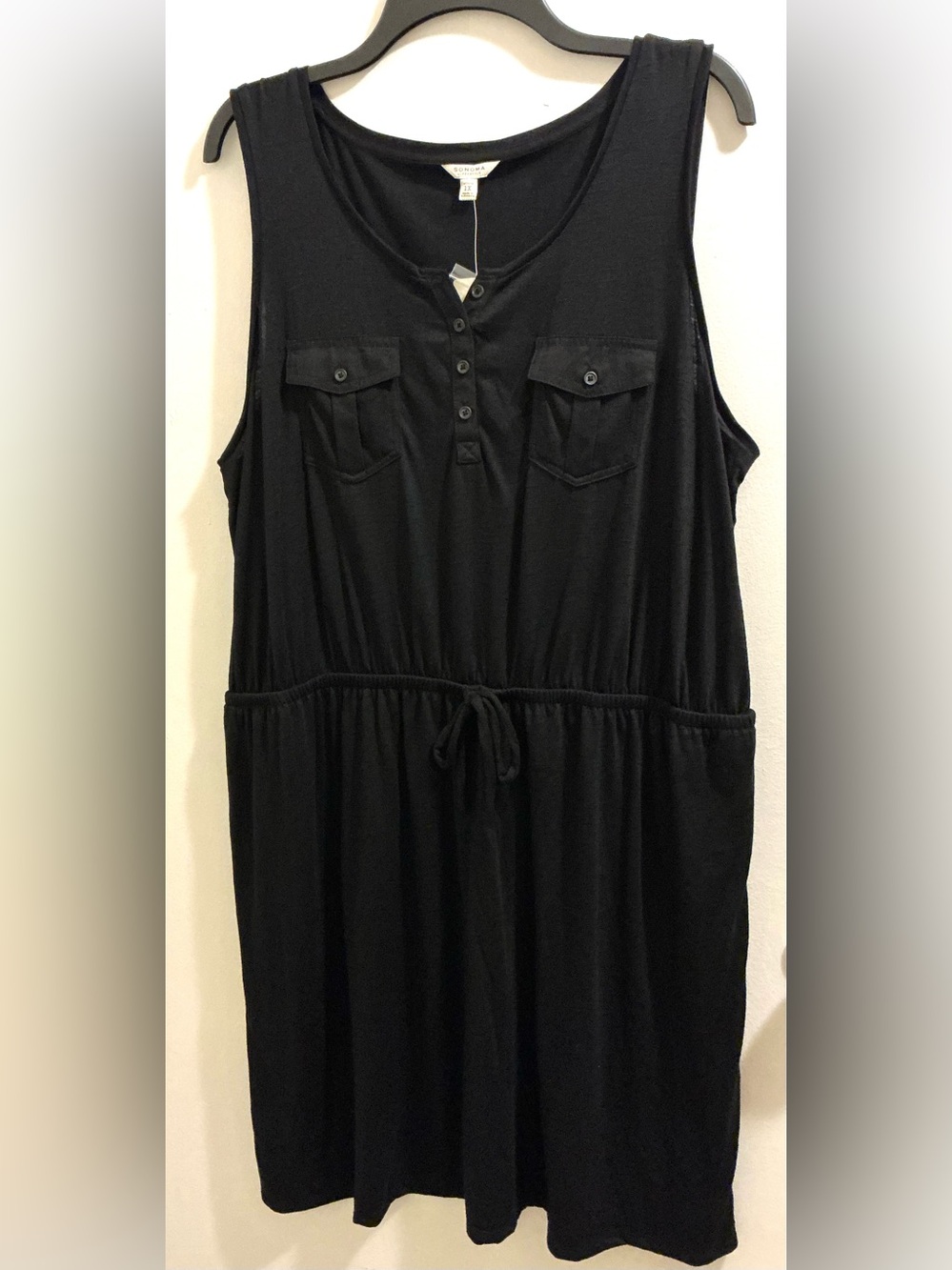 Sonoma Black Sleeveless Drawstring Decorative Pocket Dress